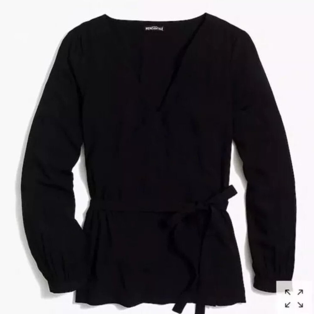 NWT J.Crew Mercantile Tie Waist Faux Wrap Surplice Blouse Size 10 Black